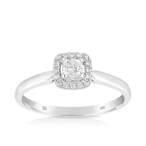 Cushion Cut Diamond Halo Engagement Ring set in 9ct White Gold