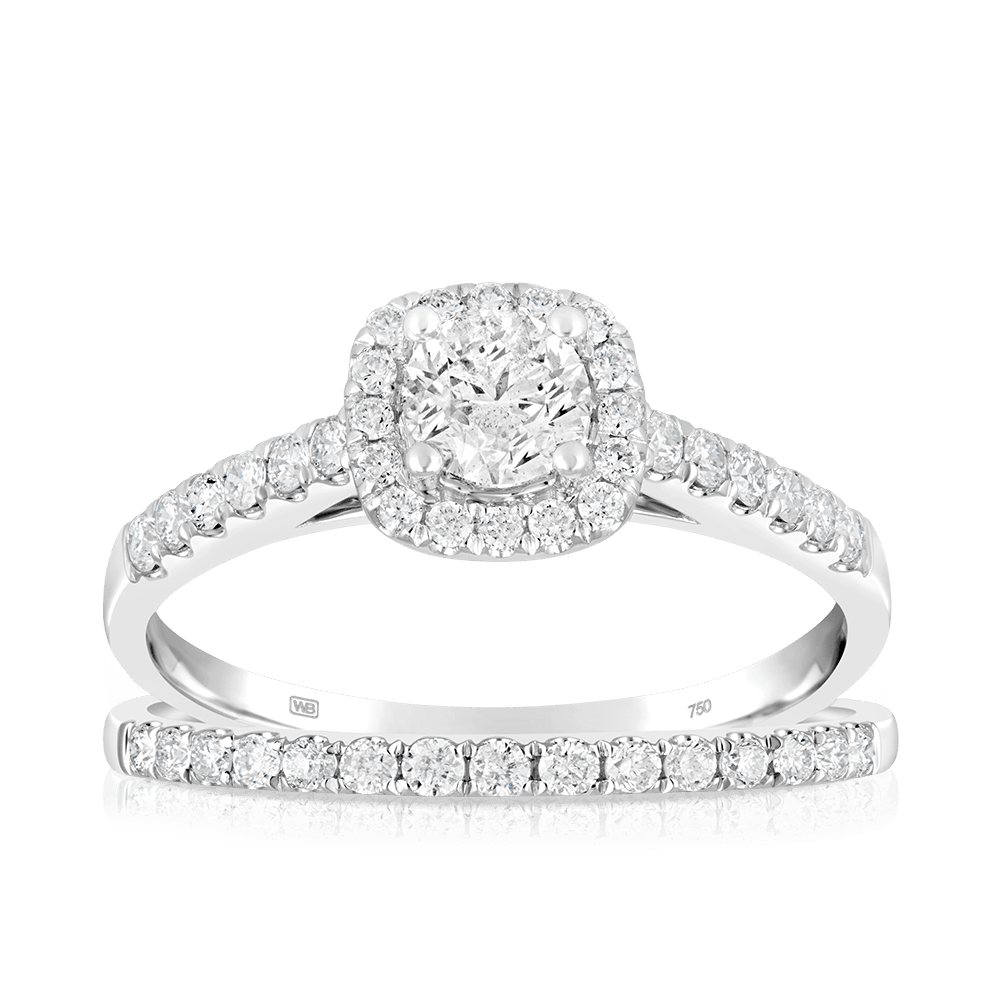 TW Round Brilliant Cut Diamond Halo Bridal Set Rings in 18ct Wh