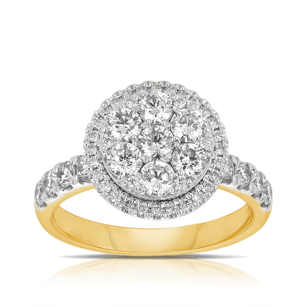 1.50ct TW Diamond Cluster Halo Engagement Ring in 9ct Yellow and White Gold - Wallace Bishop