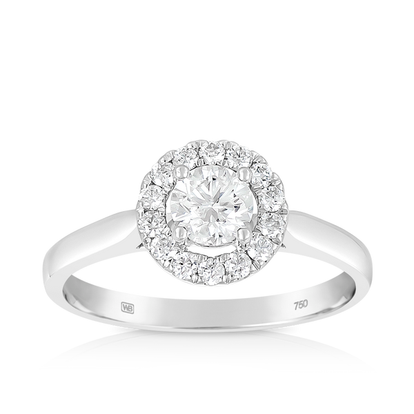Round Brilliant Cut Diamond Halo Engagement Ring in 18ct White Gold