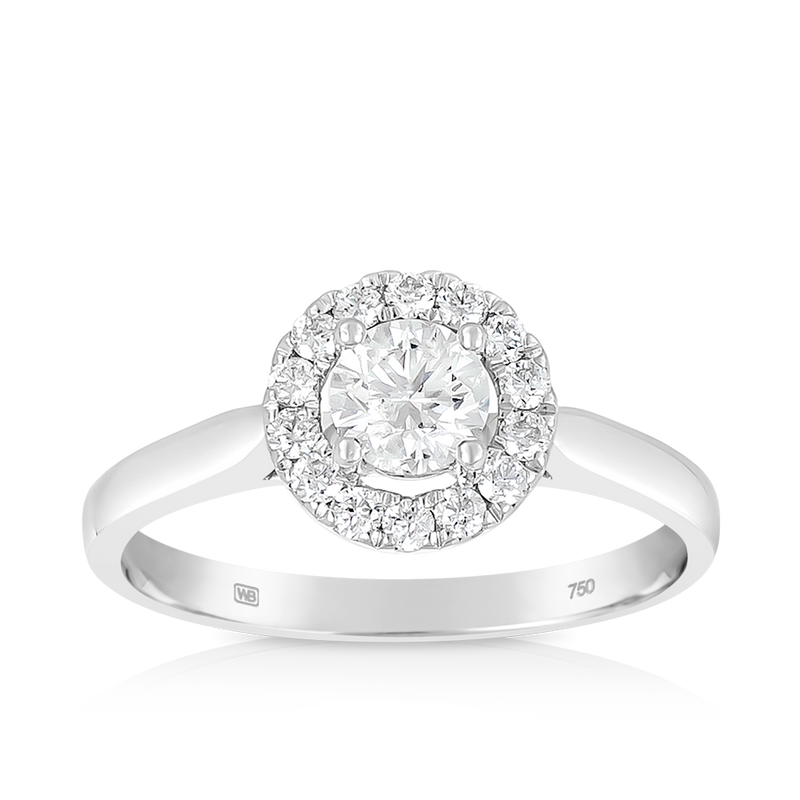 Round Brilliant Cut Diamond Halo Engagement Ring in 18ct White Gold