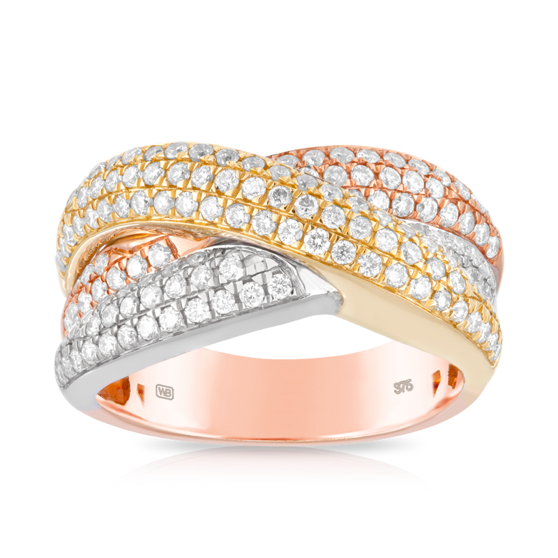 Round Brilliant Cut Diamond Ring set in 9ct Yellow, White and Rose Gold. Total Diamond Weight 1.00ct.