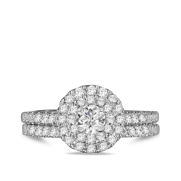 1ct TDW Round Brilliant Cut Diamond Double Halo Engagement & Wedding Bridal Set Rings in 9ct White Gold - Wallace Bishop