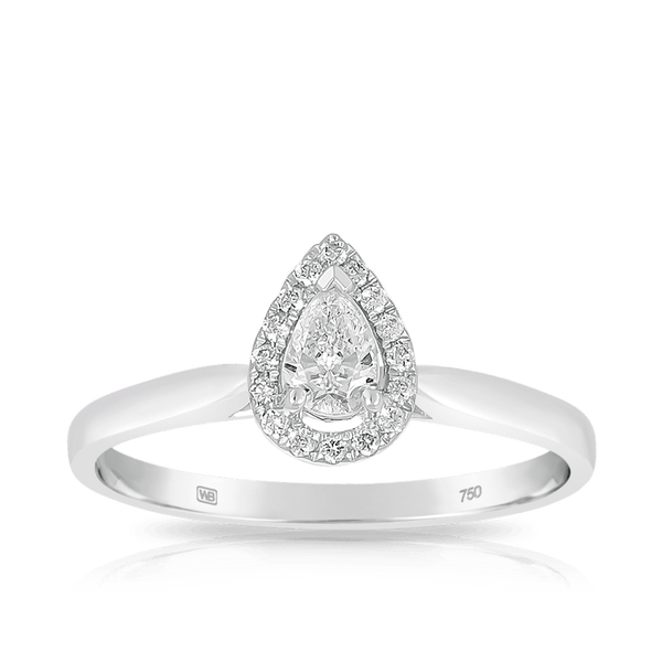 Pear Cut Diamond Halo Engagement Ring set in 18ct White Gold - Wallace Bishop