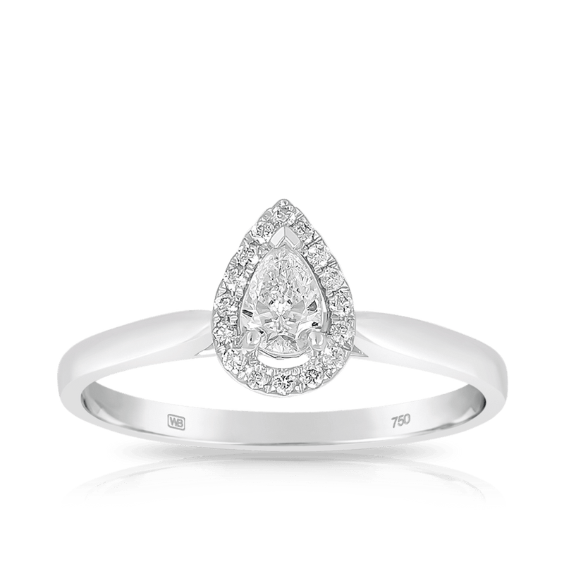 Pear Cut Diamond Halo Engagement Ring set in 18ct White Gold - Wallace Bishop