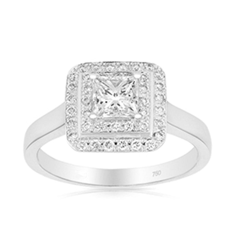 Princess Cut Halo Diamond Engagement Ring in 18ct White Gold TDW 0.700 - Wallace Bishop