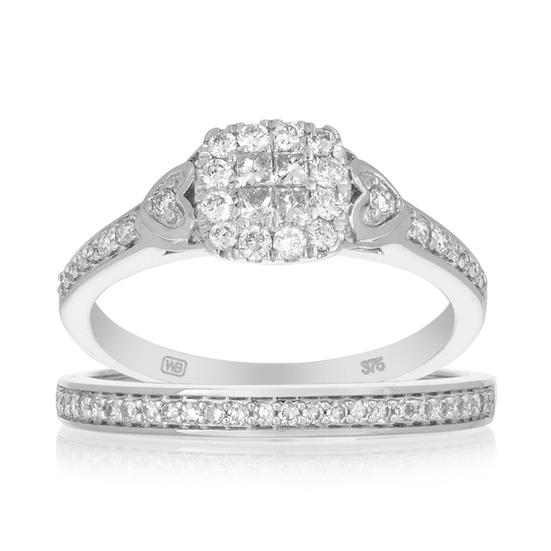 Princess Cut Diamond Bridal Set made in 9ct White Gold TDW 0.50ct
