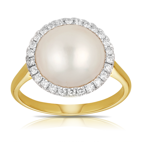Mabe Pearl & Diamond Halo Ring in 9ct Yellow Gold