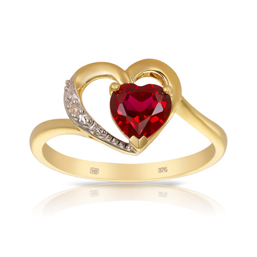 Created Ruby & Diamond Heart Ring in 9ct Yellow Gold