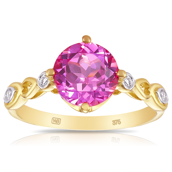 Created Pink Sapphire & Diamond Ring in 9ct Yellow Gold
