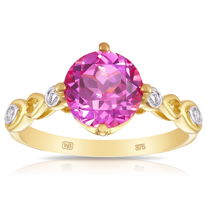 Created Pink Sapphire & Diamond Ring in 9ct Yellow Gold