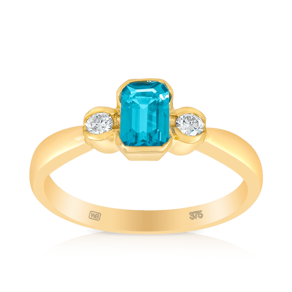 Blue Topaz and Diamond Ring set in 9ct Yellow Gold