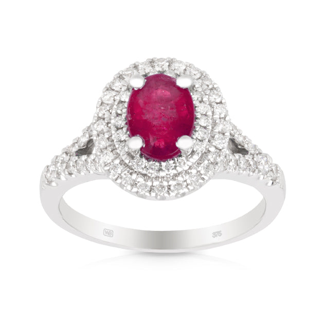 Ruby & 0.35ct TW Diamond Halo Ring in 9ct White Gold