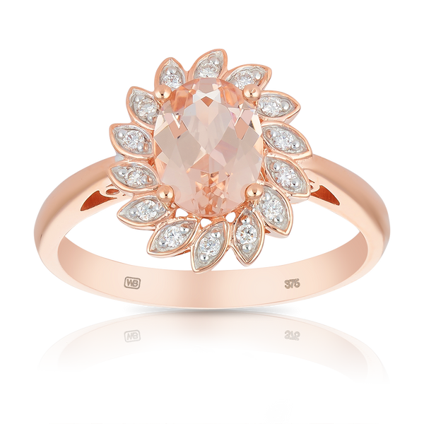 Morganite and Diamond Flower Halo Ring in 9ct Rose Gold