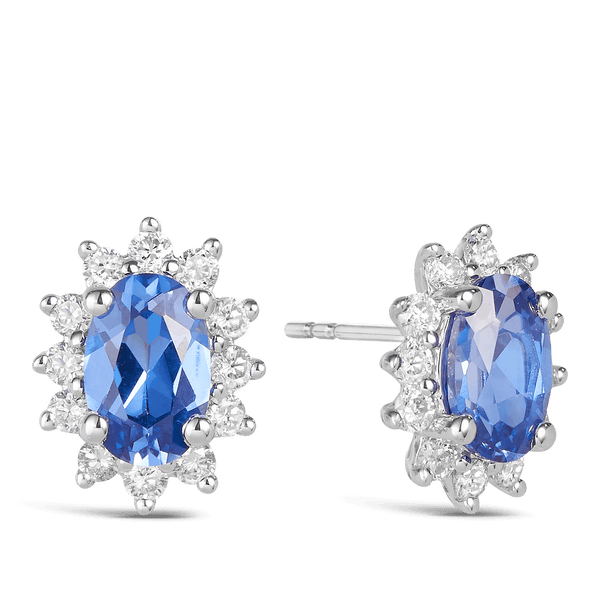 Created Ceylon Sapphire & Diamond 'Lady Diana' Stud Earrings in 9ct White Gold - Wallace Bishop