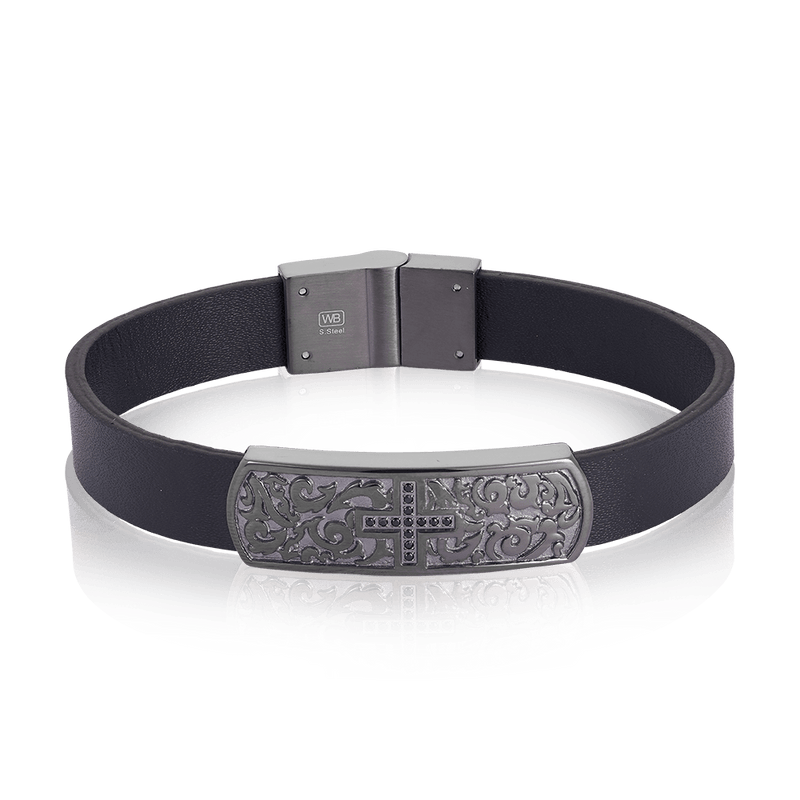 Cubic Zirconia Leather Bracelet in Stainless Steel - Wallace Bishop