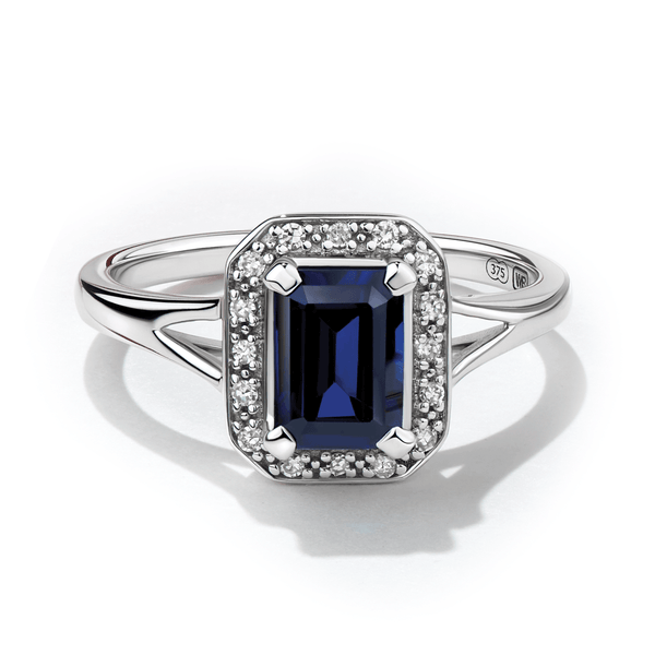 Emerald Cut Created Sapphire & Diamond Halo Ring Made in 9ct White Gold - Wallace Bishop