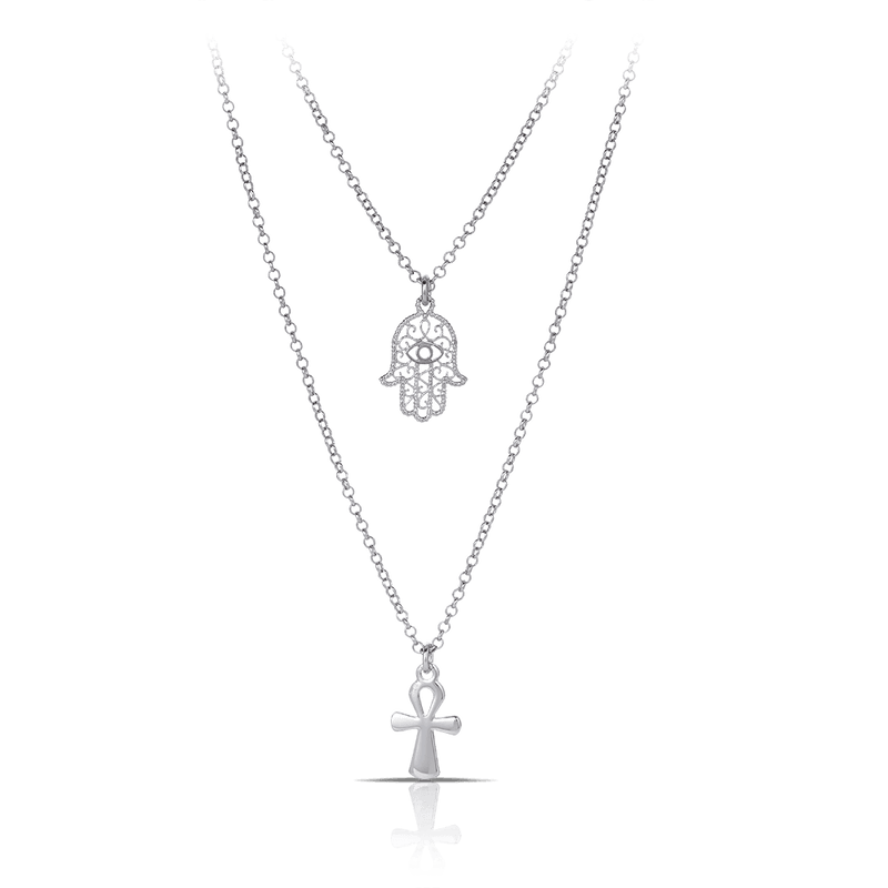 Hamsa Hand and Cross Layered Necklace in Sterling Silver - Wallace Bishop