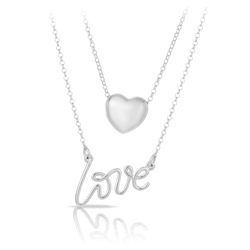 Heart and 'Love' Layered Necklace in Sterling Silver - Wallace Bishop