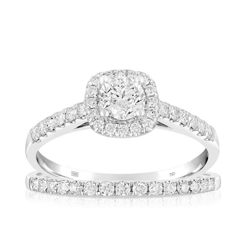Round Brilliant Cut Diamond Halo Bridal Set Rings in 18ct White Gold - Wallace Bishop